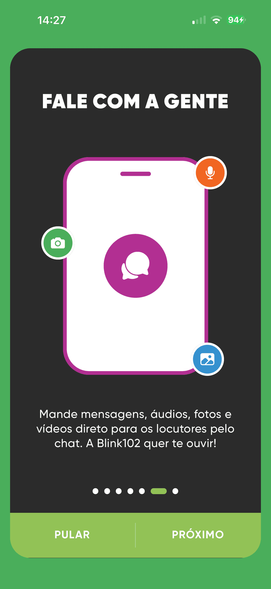 Guia de boas-vindas: mande mensagens, áudios, fotos e vídeos para os locutores pelo chat.