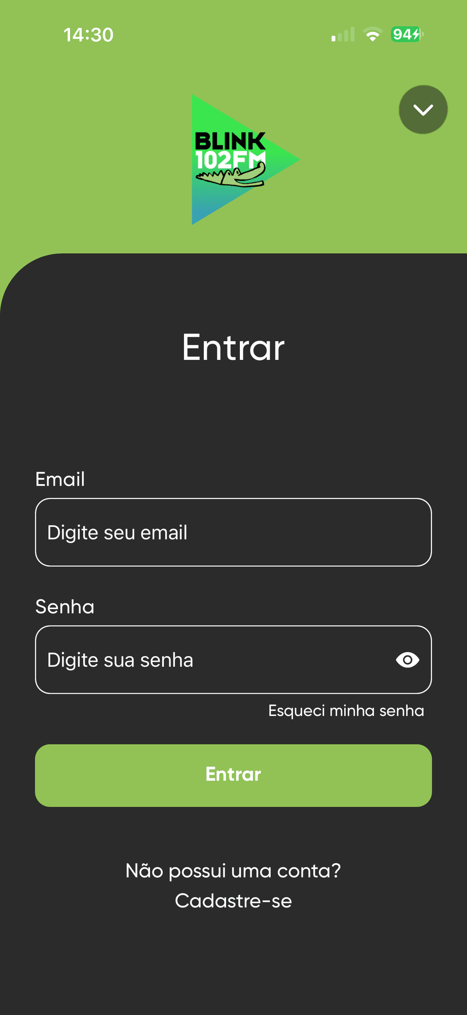 Tela de entrada do app com o logo da emissora.