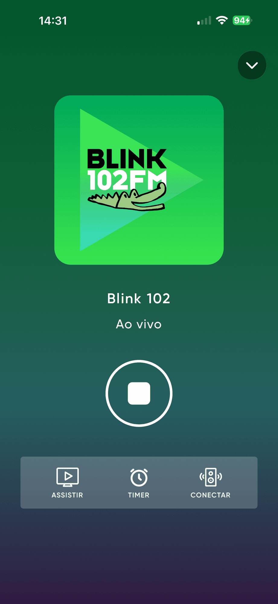 Player da rádio ao vivo, com o logo da emissora e os atalhos Assistir, Timer e Conectar.