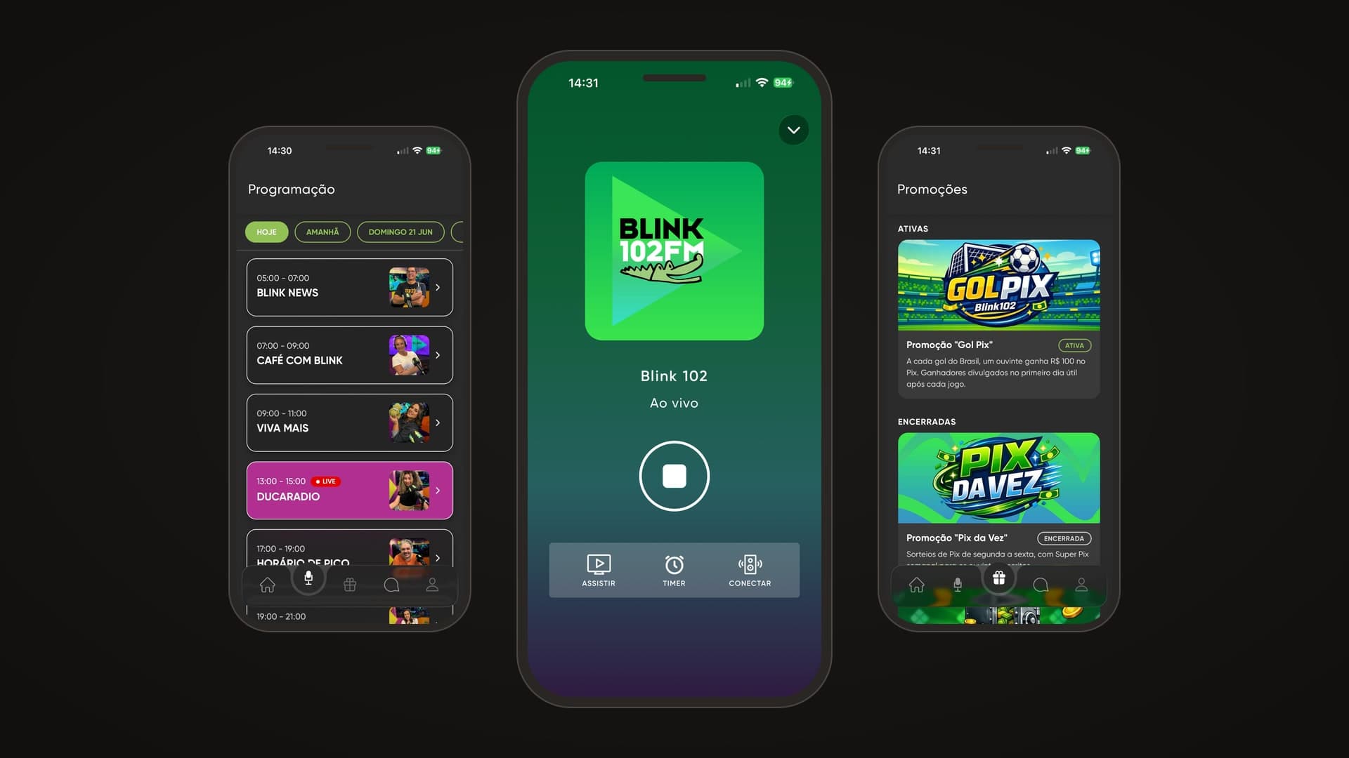 Três telas do app da Blink 102 em molduras de celular: programação do dia, player ao vivo e promoções.